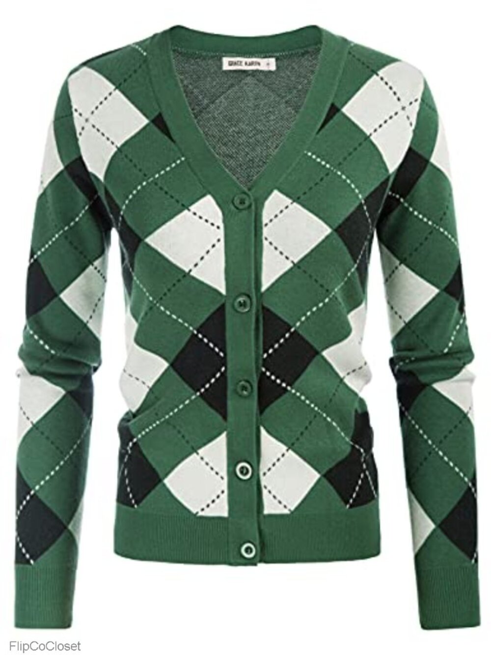Preppy Argyle Cardigan Sweater Women V-Neck Button Down Knit - Picture 1 of 6
